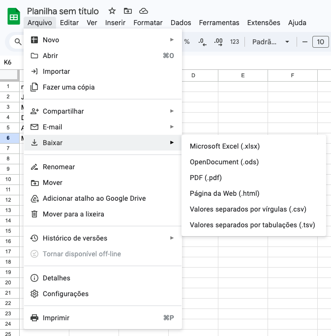 Exportando arquivos no Google Sheets